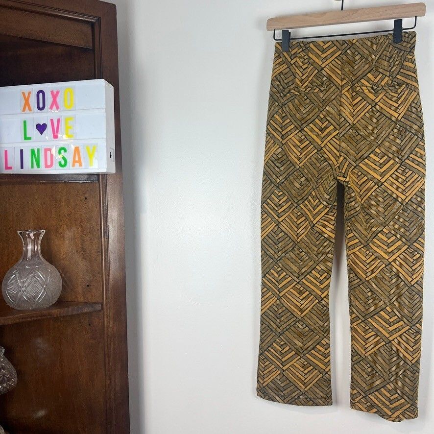 Free People Mustard Black Geometric Knit Pants Women's 4/S Boho Pull-On Wide Leg