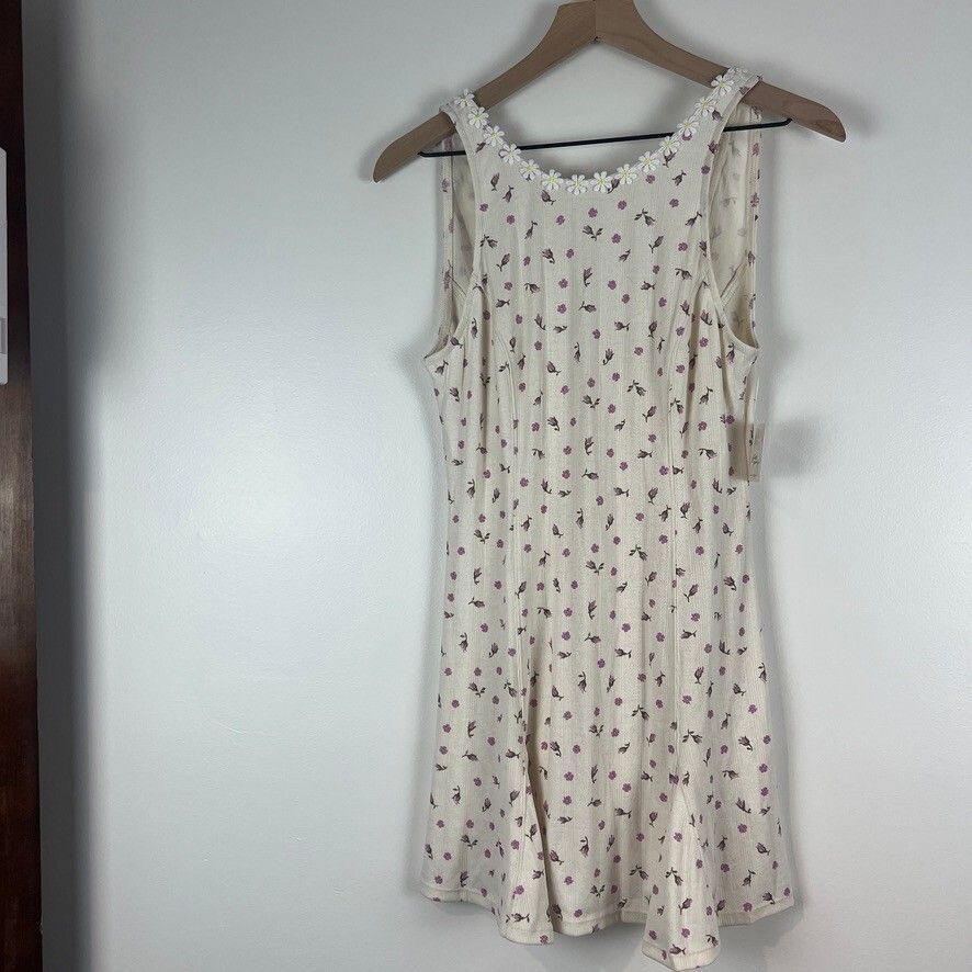 Free People Floral Ribbed Mini Dress Ivory Purple Daisy Trim NWT Women's Medium