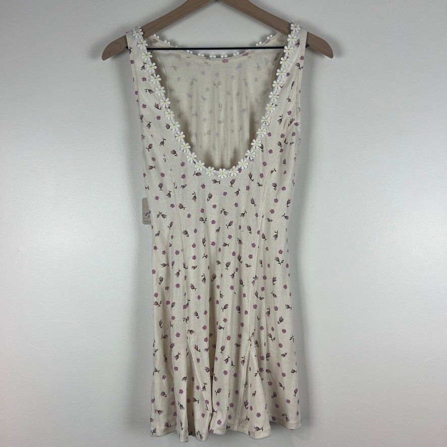Free People Floral Ribbed Mini Dress Ivory Purple Daisy Trim NWT Women's Medium