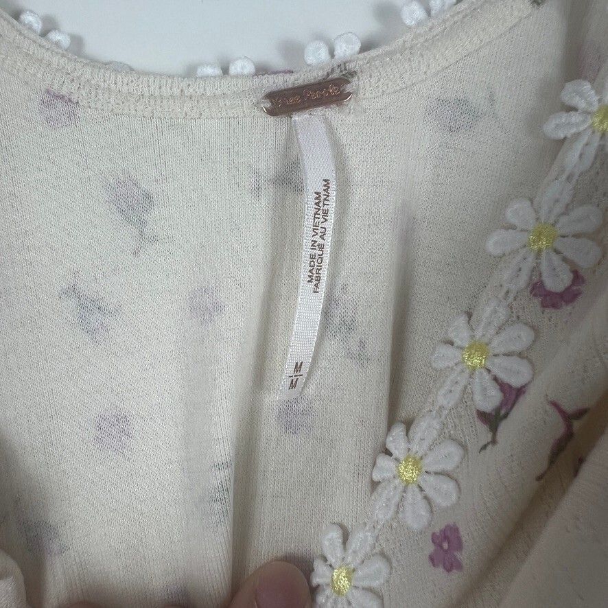 Free People Floral Ribbed Mini Dress Ivory Purple Daisy Trim NWT Women's Medium