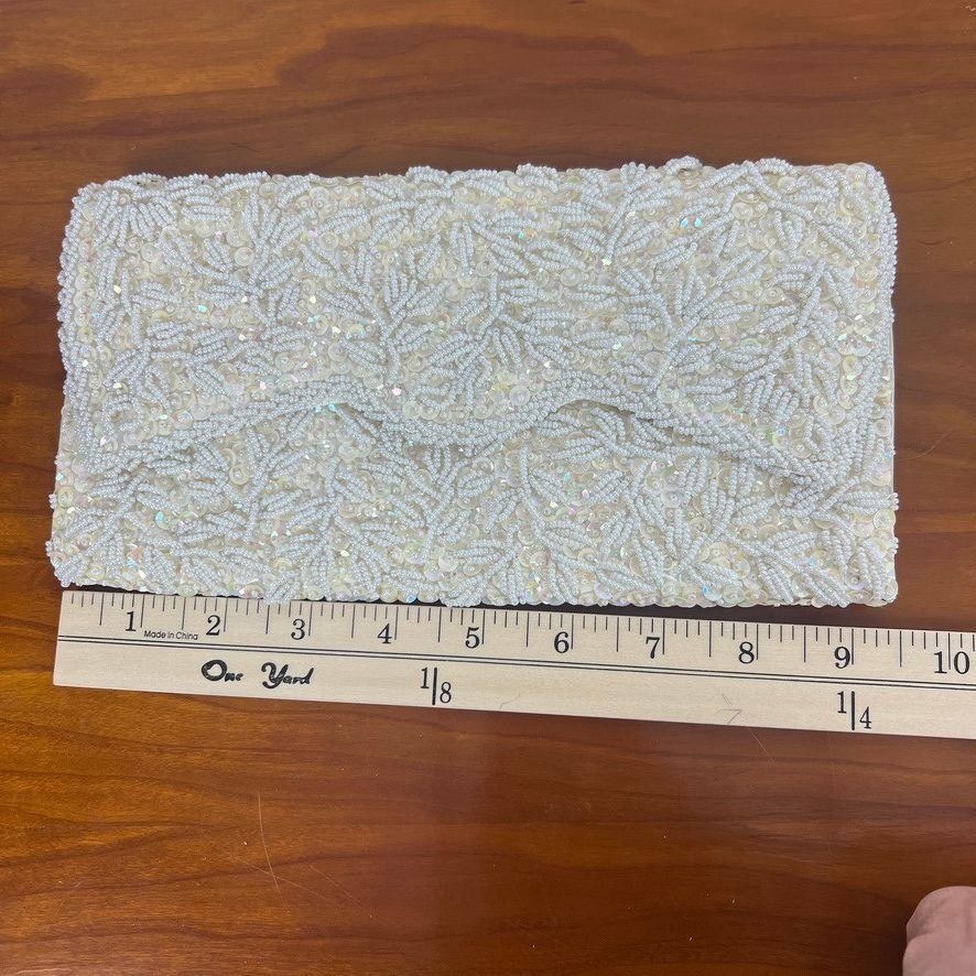 La Regale White Beaded Sequin Evening Clutch Wedding Bridal Handbag Vintage