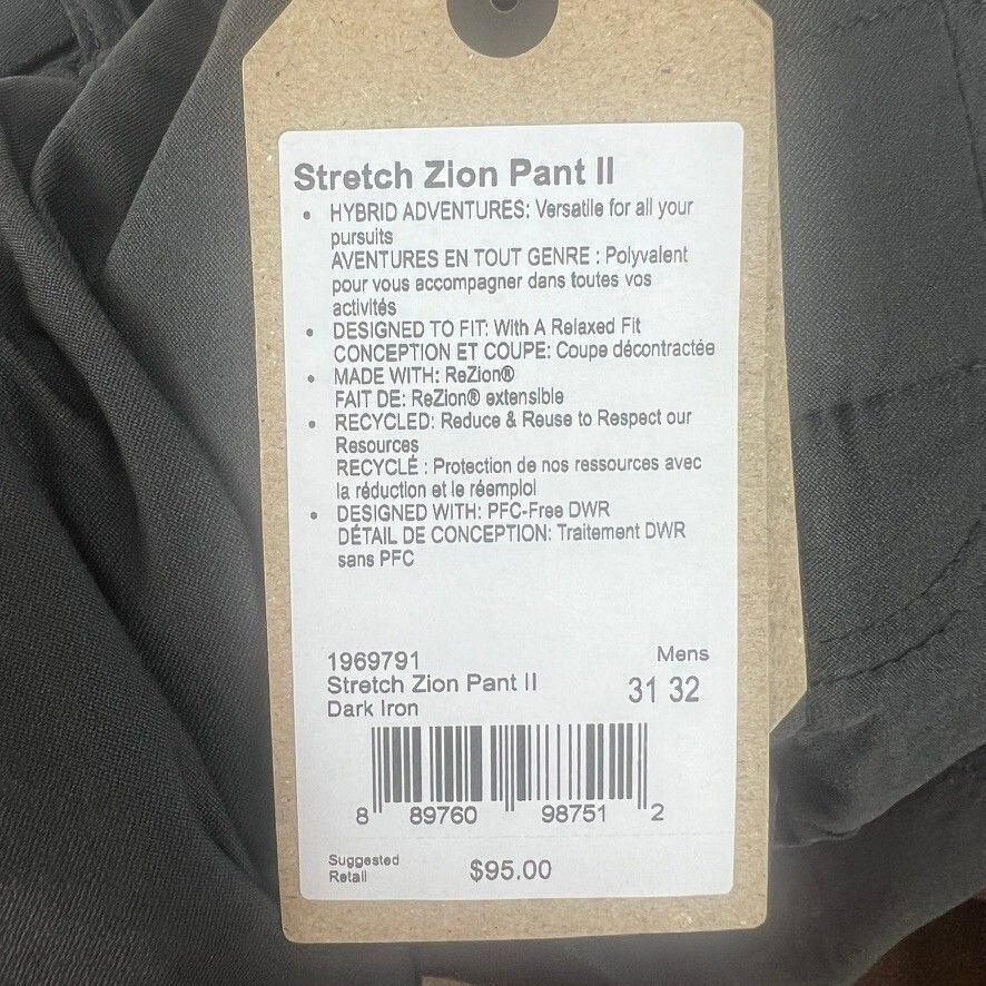 NWT prAna Stretch Zion Pant II Relaxed Men's 31x32 Dark Iron Hiking Cargo