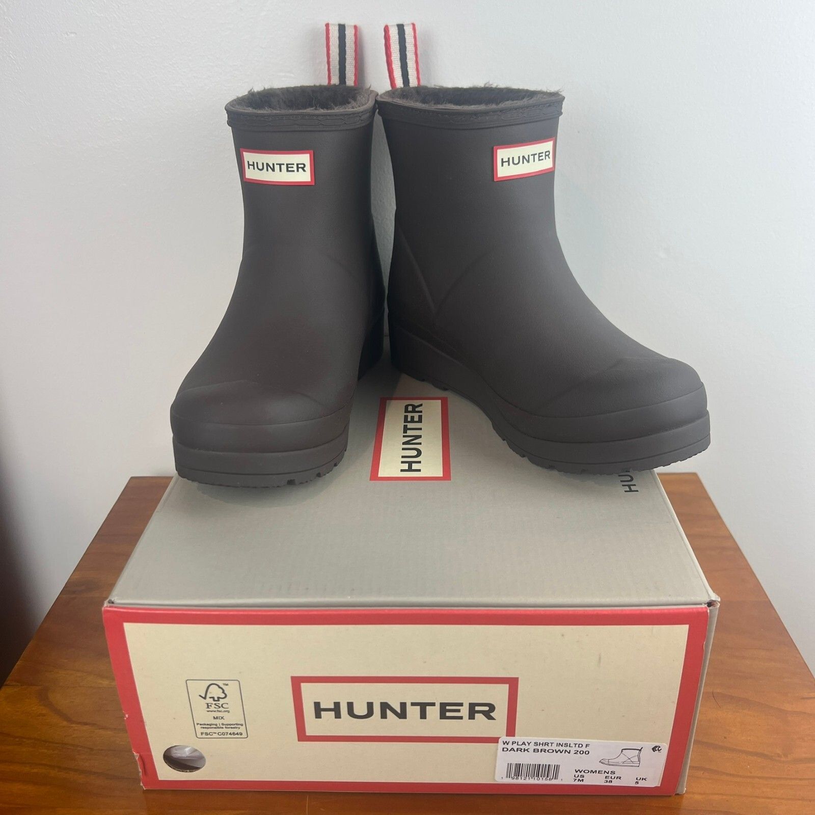 Hunter Original Play Short Faux Fur Rain Boots Dark Brown Women's US 7 NWT