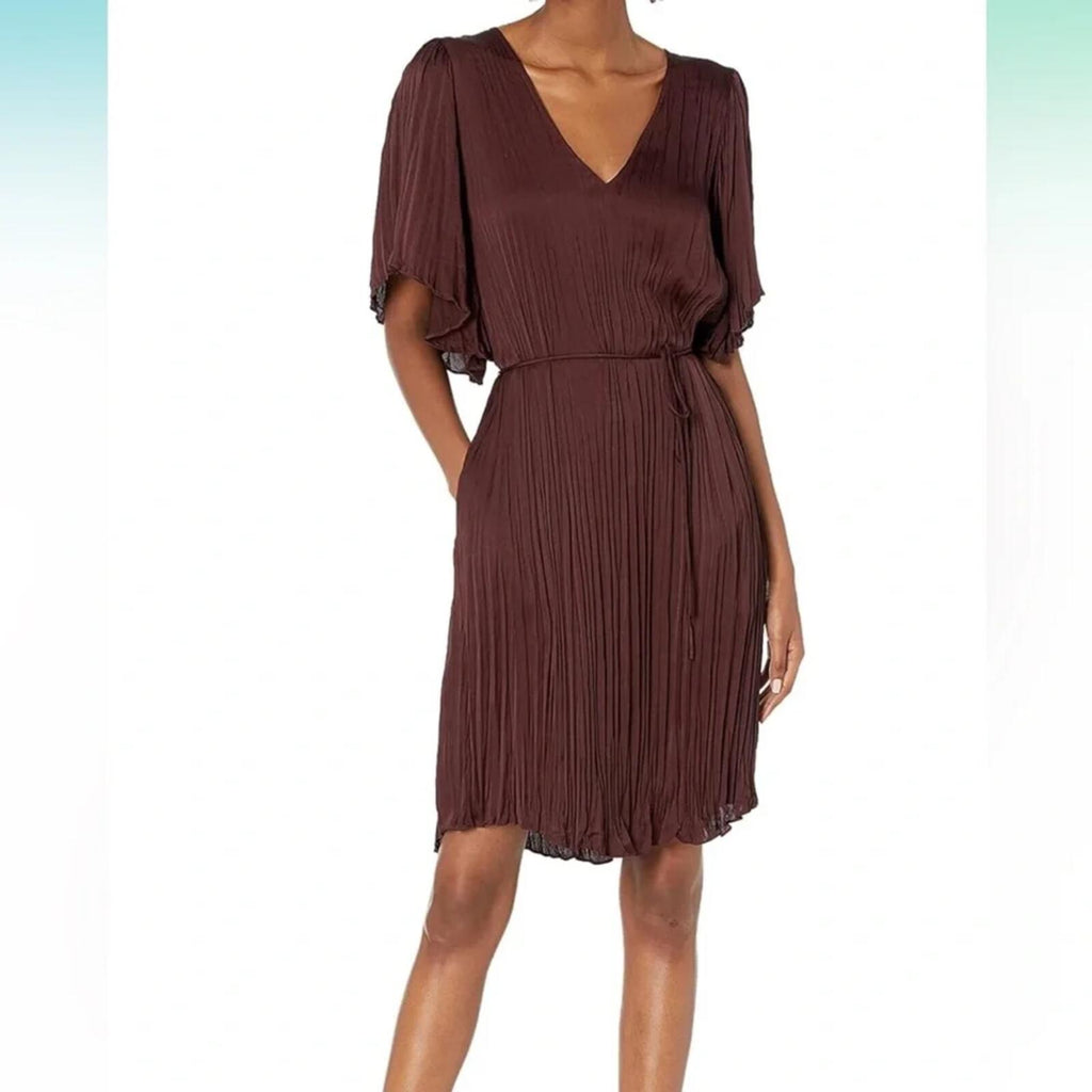 Vince Burgundy Pleated Knee Length Dress Sheer Overlay Tie Waist XXL NWOT