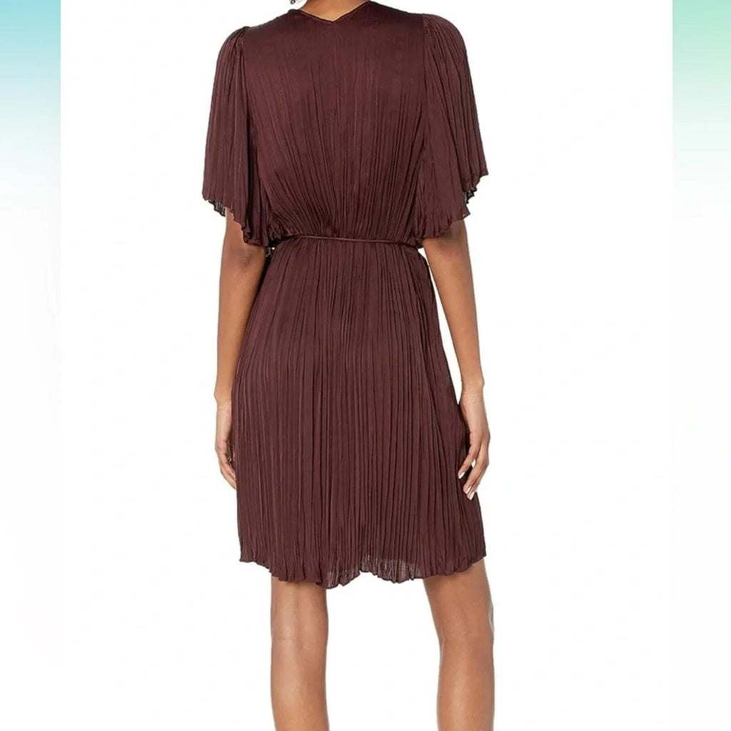 Vince Burgundy Pleated Knee Length Dress Sheer Overlay Tie Waist XXL NWOT